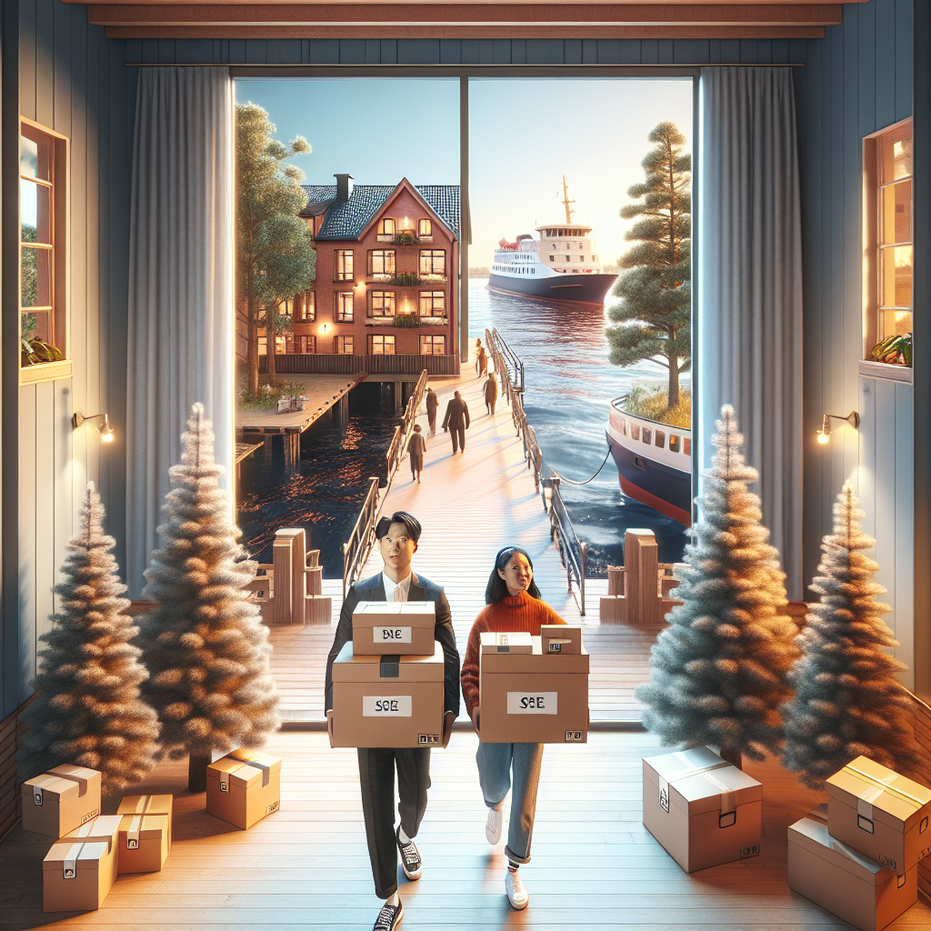 An expat couple carrying labeled moving boxes into a bright Nordic apartment building; a ferry and spruce trees visible in the background, soft Scandinavian light