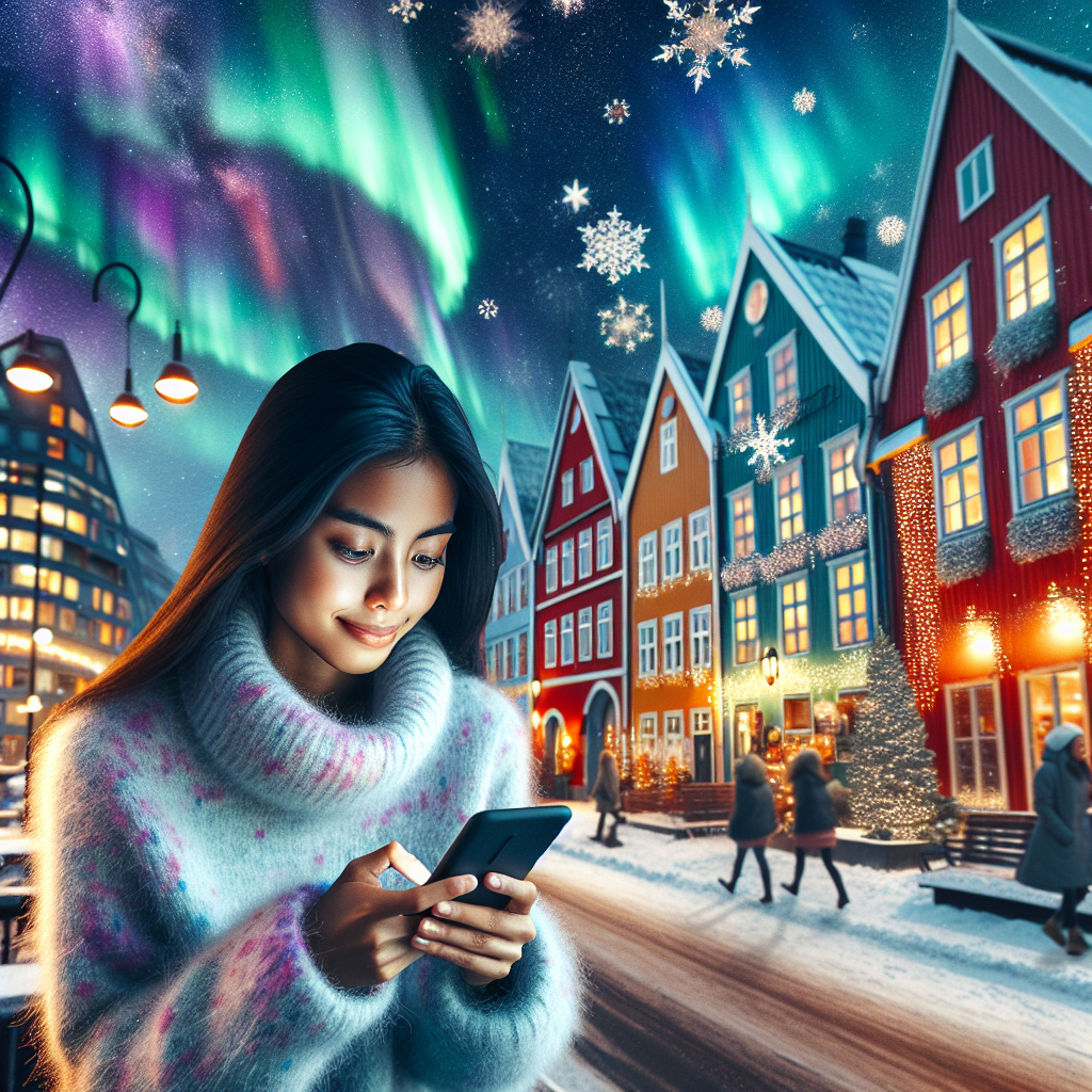 A young expat using a smartphone in a Nordic city setting with Scandinavian architecture, cozy café, and northern light ambience