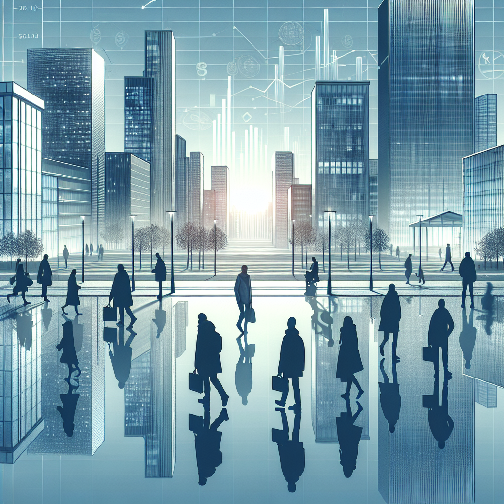 A modern Nordic cityscape at dawn with people commuting, subtle economic symbols (graphs, coins) integrated into reflections, clean Scandinavian design, cool tones